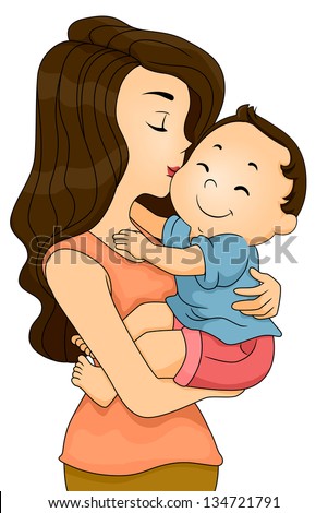 Illustration of a Happy Toddler Boy being Kissed and Cuddled by his Mother