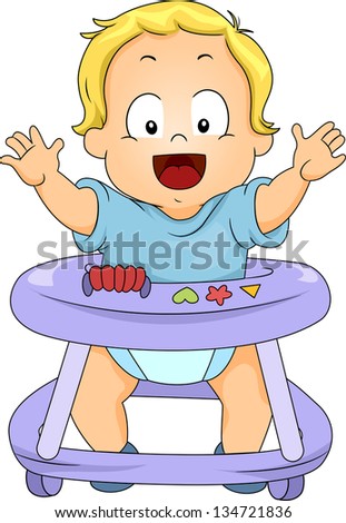 Illustration of Happy Toddler Boy in Baby Walker
