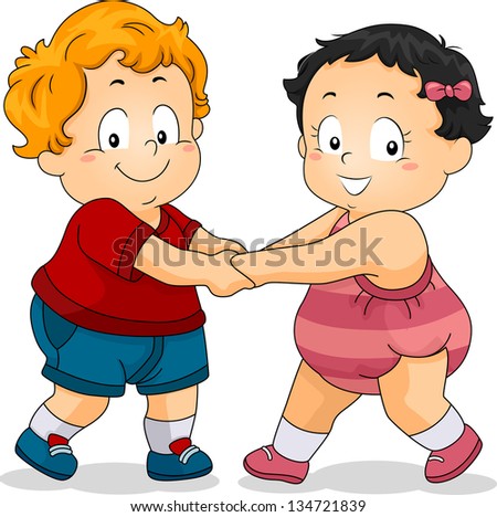 Illustration of Boy and Girl Toddler Holding Hands