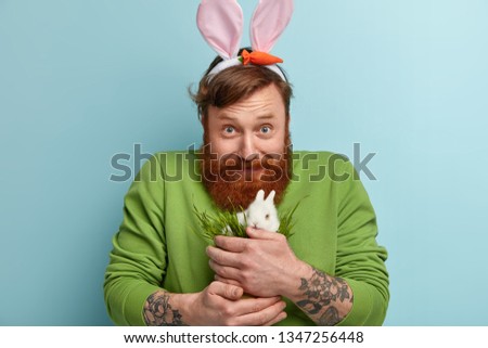 Horizontal shot of satisfied blue eyed bearded guy feeds small white rabbit with green grass, loves pet, wears casual jumper, bunny ears, looks gladly at camera, cares about animal, stands indoor