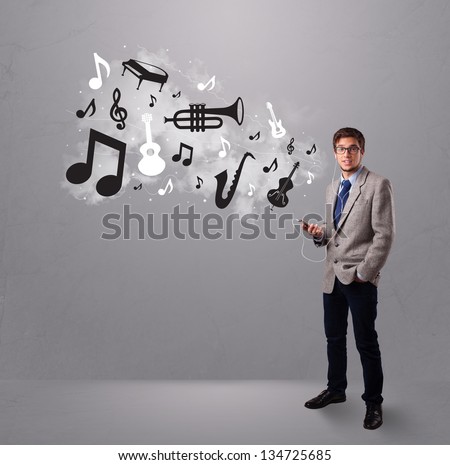 attractive young man singing and listening to music with musical notes and instruments getting out of his mouth