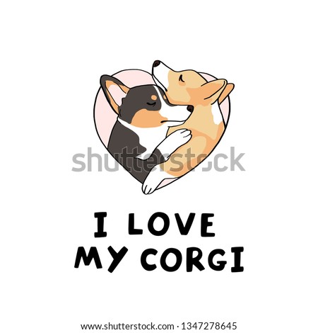Very cute welsh corgis in pink heart, vector isolated illustration on white background and inscription I love my corgi