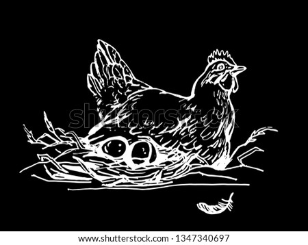 hen in the nest with eggs illustration black background white line Easter 
