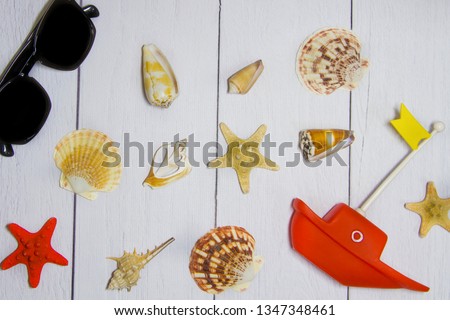 Concept of travel - toy boat, hat, sunglasses various exotic shells and other sea treasures on a light wooden background with sand view from the top.