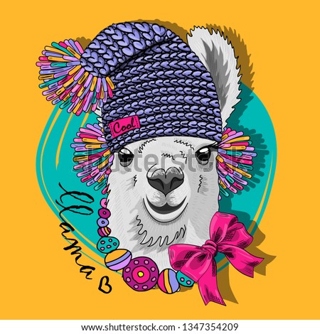 Pretty lama with knitted violet hat and   necklace. Hand drawn illustration of dressed llama. Vector illustration.

