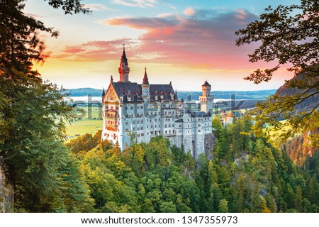 Neuschwanstein, summer landscape panorama picture of the fairy tale castle near Munich in Bavaria, Germany