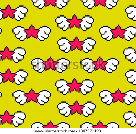 seamless pattern. 8 bit pixel stars with wings. vector illustration