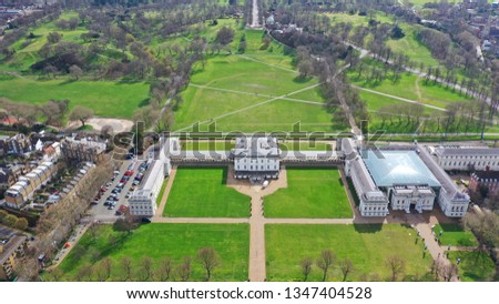 Aerial drone photo of iconic Greenwich observatory in the heart of London, Greenwich park, United Kingdom