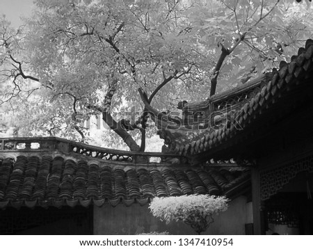 Flying eaves and trees in Yu Garden, Shanghai, China, infrared photography          