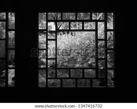 Leaves and trees seen through traditional window frame, Lotus Garden, Huzhou, China, infrared photography          