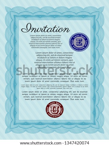 Light blue Formal invitation template. With guilloche pattern and background. Detailed. Retro design. 