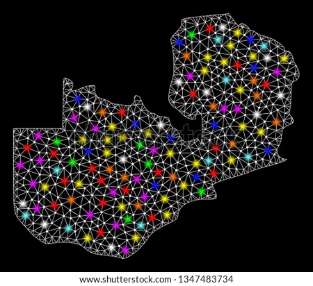 Polygonal vector map of Zambia with glow effect on a black background. Abstract triangles, lines, light colorful spots, points forms map of Zambia. White mesh,