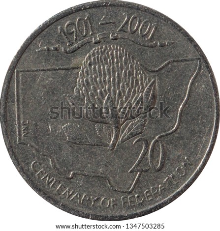 Australian twenty-cent coin 1901-2001 Centenary of Federation, isolated on white background.