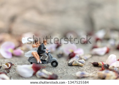Miniature people : Couple riding the motorcycle in the garden  , Valentine's Day concept