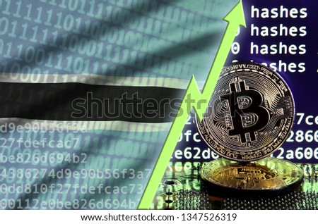 Botswana flag and rising green arrow on bitcoin mining screen and two physical golden bitcoins
