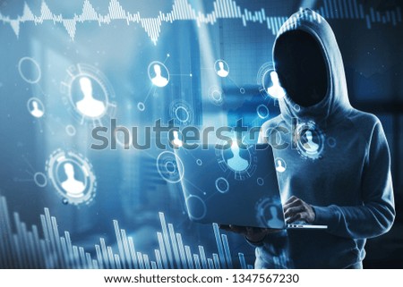 Hacker using laptop with digital business interface. Malware and innovation concept. Double exposure 