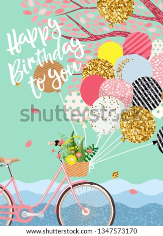 Happy Birthday! Cute vector card, poster or cover for holiday greetings! Illustration of a vintage bicycle with balloons
