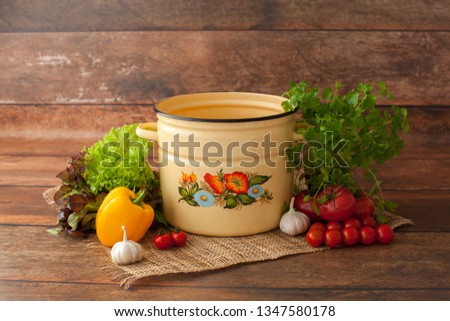 Digital Photography Backdrop/Prop for Newborn. For boys and girls. Decoration for little cook. Inspiration with fresh and organic vegetables.Tomato, yellow pepper, greens, parsley. Saucepan. Wood back