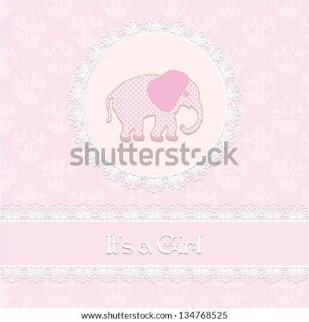baby shower card, for baby girl, with elephant and light pink damask background.Vector eps10, illustration.
