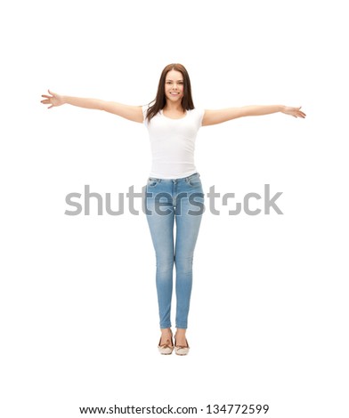 picture of happy woman in blank white t-shirt