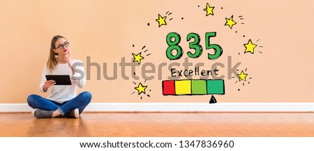 Excellent credit score theme with young woman holding a tablet computer
