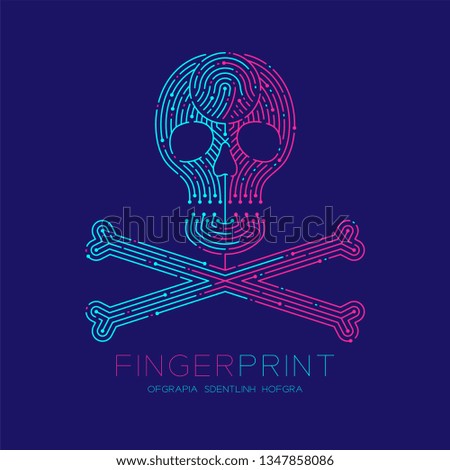 Skull and crossbones shape Fingerprint pattern logo dash line, Danger technology concept design, Editable stroke illustration blue and pink isolated on dark blue background with Fingerprint text
