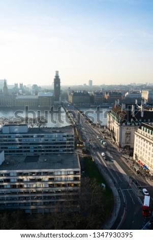 A beautiful view of London from above on a clear day, photographed from South Bank overlooking Westminster