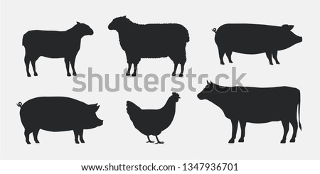 Silhouettes of Farm Animals. Cow, Pig, Sheep, Lamb, Hen. Farm Animals icons isolated on white background. Vector livestock icons.  Royalty-Free Stock Photo #1347936701