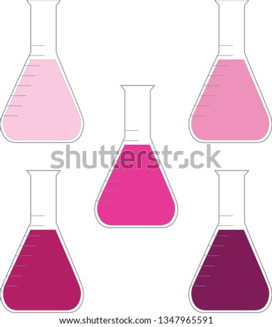 Magenta chemistry bottle set, Pink laboratory clip art, vector illustration