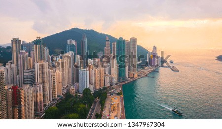 Aerial bird eye view Photography viewpoint urban landscape traffic at Victoria harbour in Hong Kong