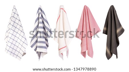 Hanging kitchen towels isolated on white background	 Royalty-Free Stock Photo #1347978890