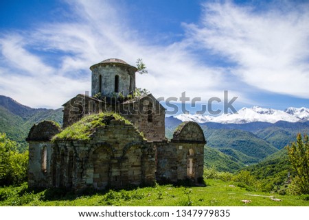Ancient Christian temple in the mountains of Caucasus. Sentinsky temple. Karachay-Cherkessia. Russia