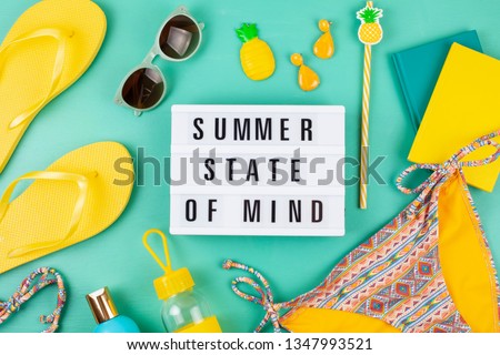 Summer vacation, travel, tourism concept flat lay. Beach, countryside, casual urban accessories top view with lightbox