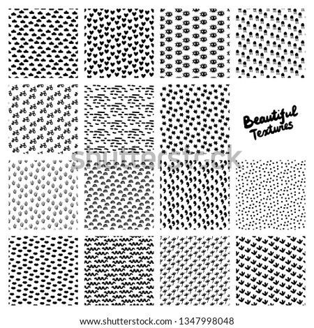 Set of different hand drawn patterns with small decorative elements minimalism in black and white colors