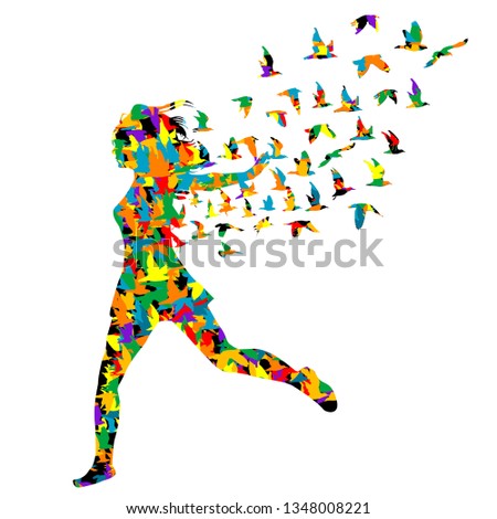 Colorful silhouette of young woman jumping with birds flying from her, abstract illustration