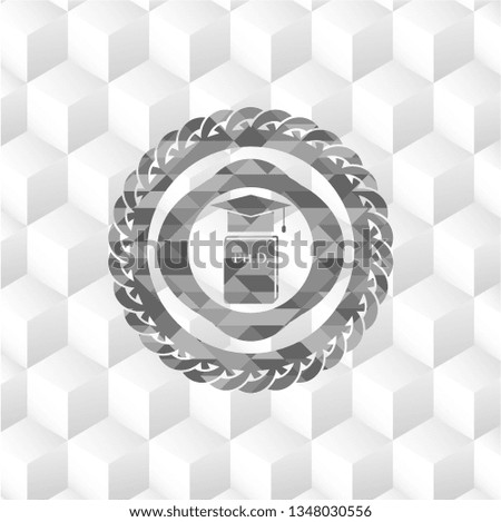 Phd thesis icon inside grey badge with geometric cube white background