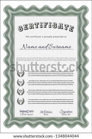 Green Certificate template or diploma template. Complex background. Lovely design. Detailed. 