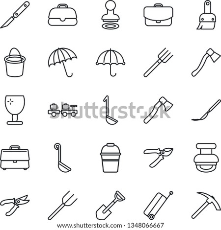 Thin Line Icon Set - suitcase vector, umbrella, stamp, baggage larry, shovel, farm fork, bucket, pruner, axe, scalpel, fragile, themes, case, ladle, hard work