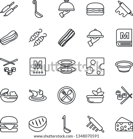 Thin Line Icon Set - cafe vector, menu, salad, plates, bacon, waiter, chicken, steak, kebab, hamburger, ladle, bowl, rolling pin, sushi, cheese