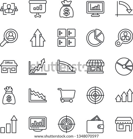 Thin Line Icon Set - checkroom vector, growth statistic, money bag, crisis graph, store, monitor statistics, pie, hr, target, consumer search, arrow up, wallet, cart, presentation, storefront