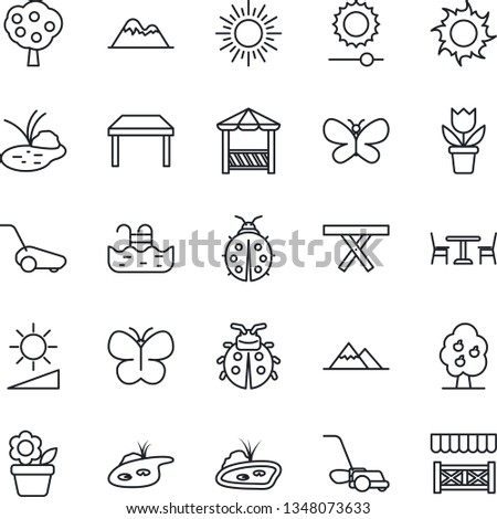 Thin Line Icon Set - cafe vector, sun, flower in pot, lawn mower, butterfly, lady bug, pond, picnic table, brightness, pool, fruit tree, mountains, alcove