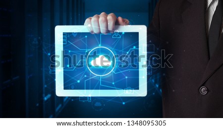 Formal hand in server room with virtual workspace concept