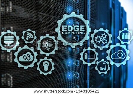  EDGE COMPUTING on modern server room background. Information technology and business concept for resource intensive distributed computing services.