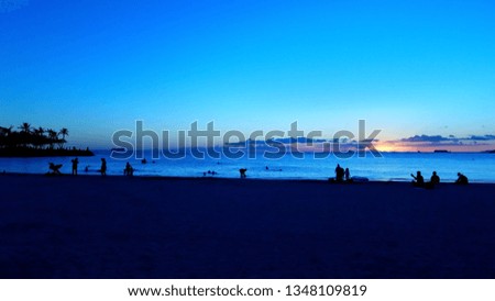 Beach view in blue tone, people having fun on the beach in Sunset, romantic dim light seascape view, dark shape image. 