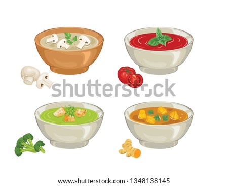 Set of soups for bowls. Gazpacho, curry, broccoli, mushroom cream soup isolated on a white background. Vector illustration of plates of food in cartoon simple flat style. Royalty-Free Stock Photo #1348138145