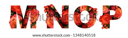Floral font letter MNOP from a real red-orange roses for bright design. Stylish font of flowers for conceptual ideas.