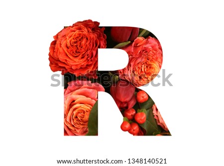 Floral font letter R from a real red-orange roses for bright design. Stylish font of flowers for conceptual ideas.