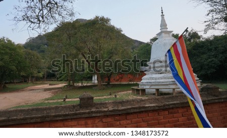 Pagoda at sigiriya in sri lanka with the Buddhist flag.