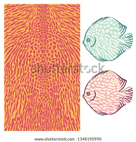 Vector fish skin texture print. Underwater skin pattern. Colored big wild fish scales skin background. Organic  aquatic shapes trendy pattern. Fish fauna exotic sea stripes .
