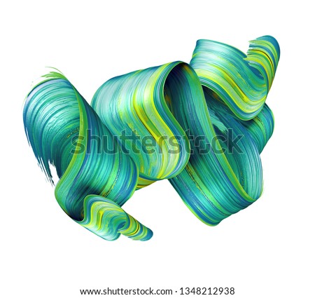 3d render, abstract brush stroke, neon smear, emerald green folded ribbon, paint texture, artistic clip art, isolated on white background